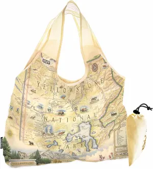 Yellowstone National Park Map Pouch Tote with Handles - Grocery Shopping Bag - Reusable & Eco-friendly - Foldable Nylon - Heavy Duty Fits in Pocket - 18x25