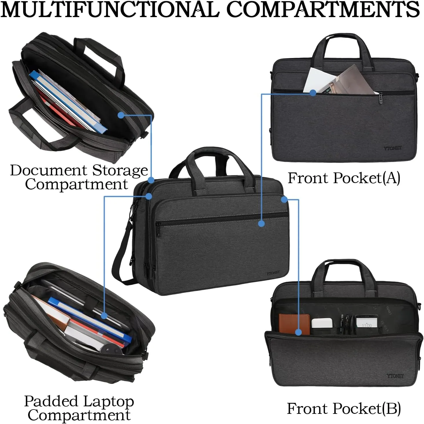 Ytonet Briefcases for Men, 18 Inch Laptop Bag Expandable Computer Bags for Laptops for Men, Waterproof Multi Compartments Shoulder Messenger Bag Laptop Case with Luggage Strap for Work Travel, Grey