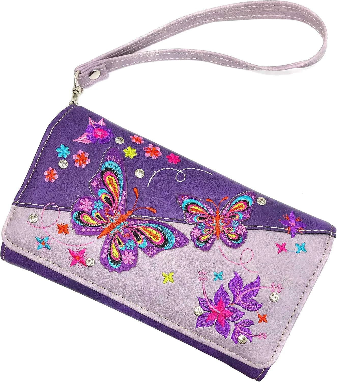 Zelris Butterfly Flower Season Embroidery Women Crossbody Wrist Trifold Wallet