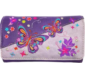 Zelris Butterfly Flower Season Embroidery Women Crossbody Wrist Trifold Wallet