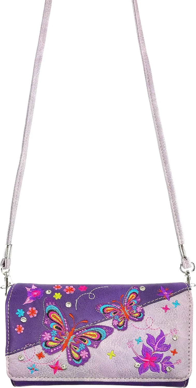 Zelris Butterfly Flower Season Embroidery Women Crossbody Wrist Trifold Wallet