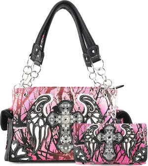 Zelris Camouflage Shine Glow Cross Wings Women Conceal Carry Handbag with Wallet
