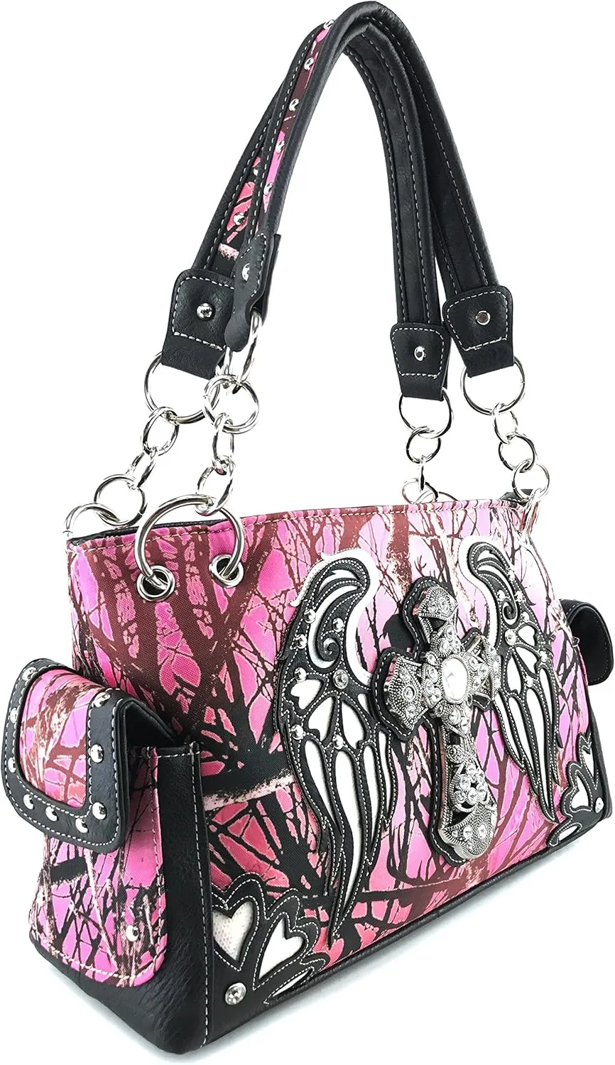 Zelris Camouflage Shine Glow Cross Wings Women Conceal Carry Handbag with Wallet
