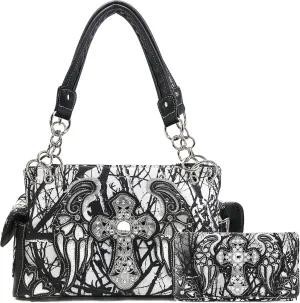 Zelris Camouflage Shine Glow Cross Wings Women Conceal Carry Handbag with Wallet