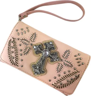 Zelris Fall Fern Leaf Western Cross Women Crossbody Wrist Trifold Wallet