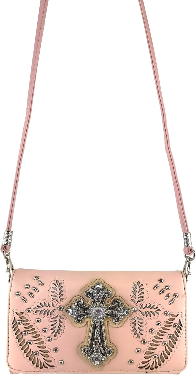 Zelris Fall Fern Leaf Western Cross Women Crossbody Wrist Trifold Wallet