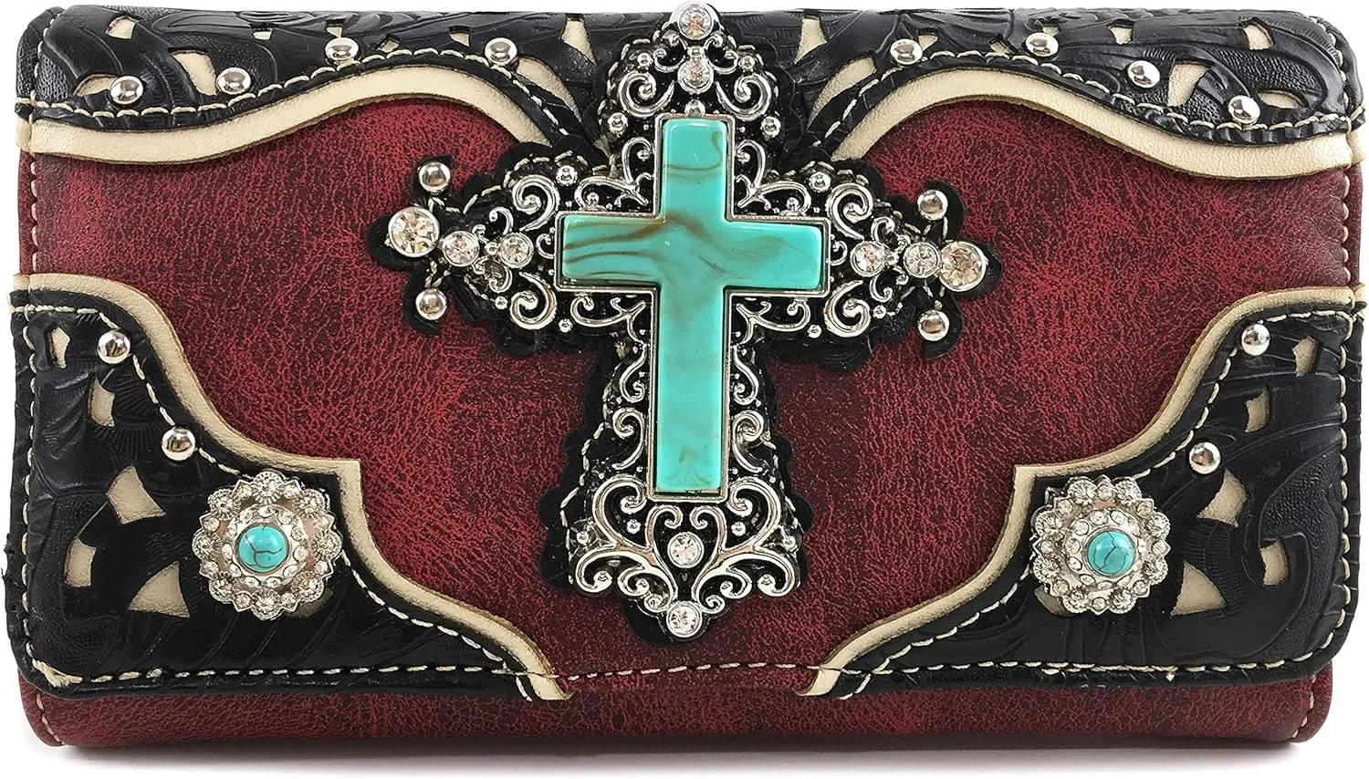 Zelris Turquoise Rhinestone Cross Western Women Crossbody Wrist Trifold Wallet
