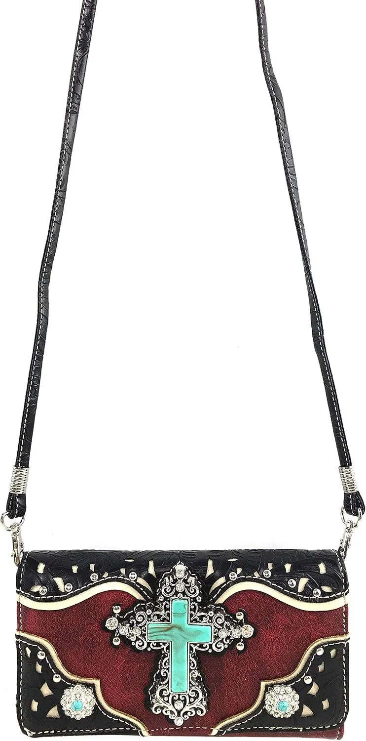 Zelris Turquoise Rhinestone Cross Western Women Crossbody Wrist Trifold Wallet