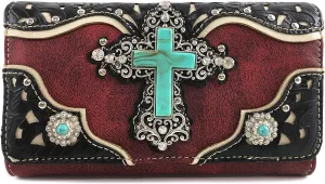 Zelris Turquoise Rhinestone Cross Western Women Crossbody Wrist Trifold Wallet