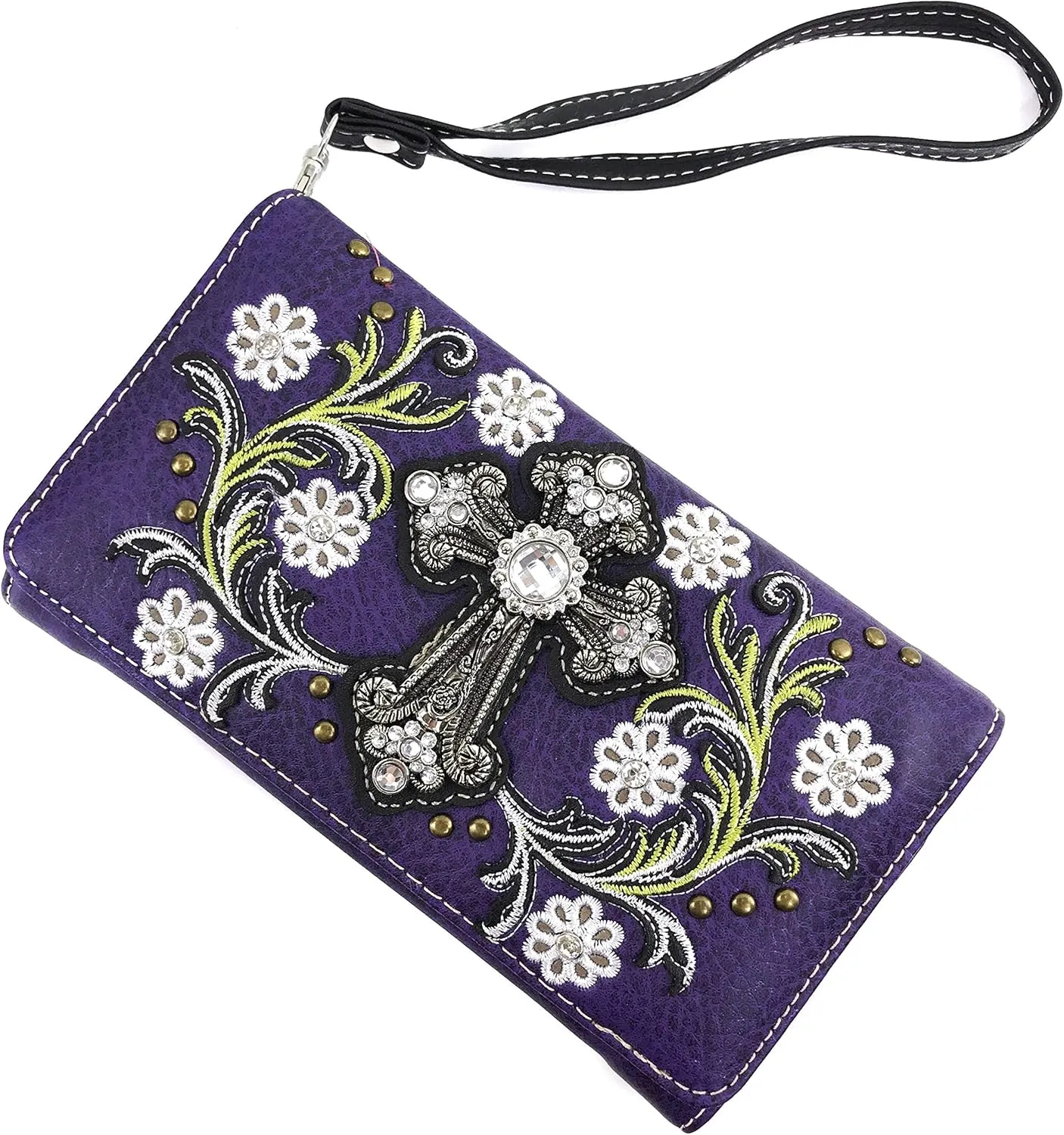 Zelris Western Cross Daisy Flower Women Crossbody Wrist Trifold Wallet