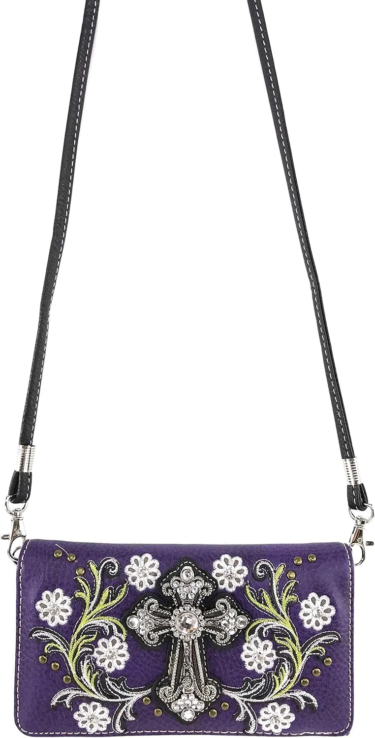 Zelris Western Cross Daisy Flower Women Crossbody Wrist Trifold Wallet