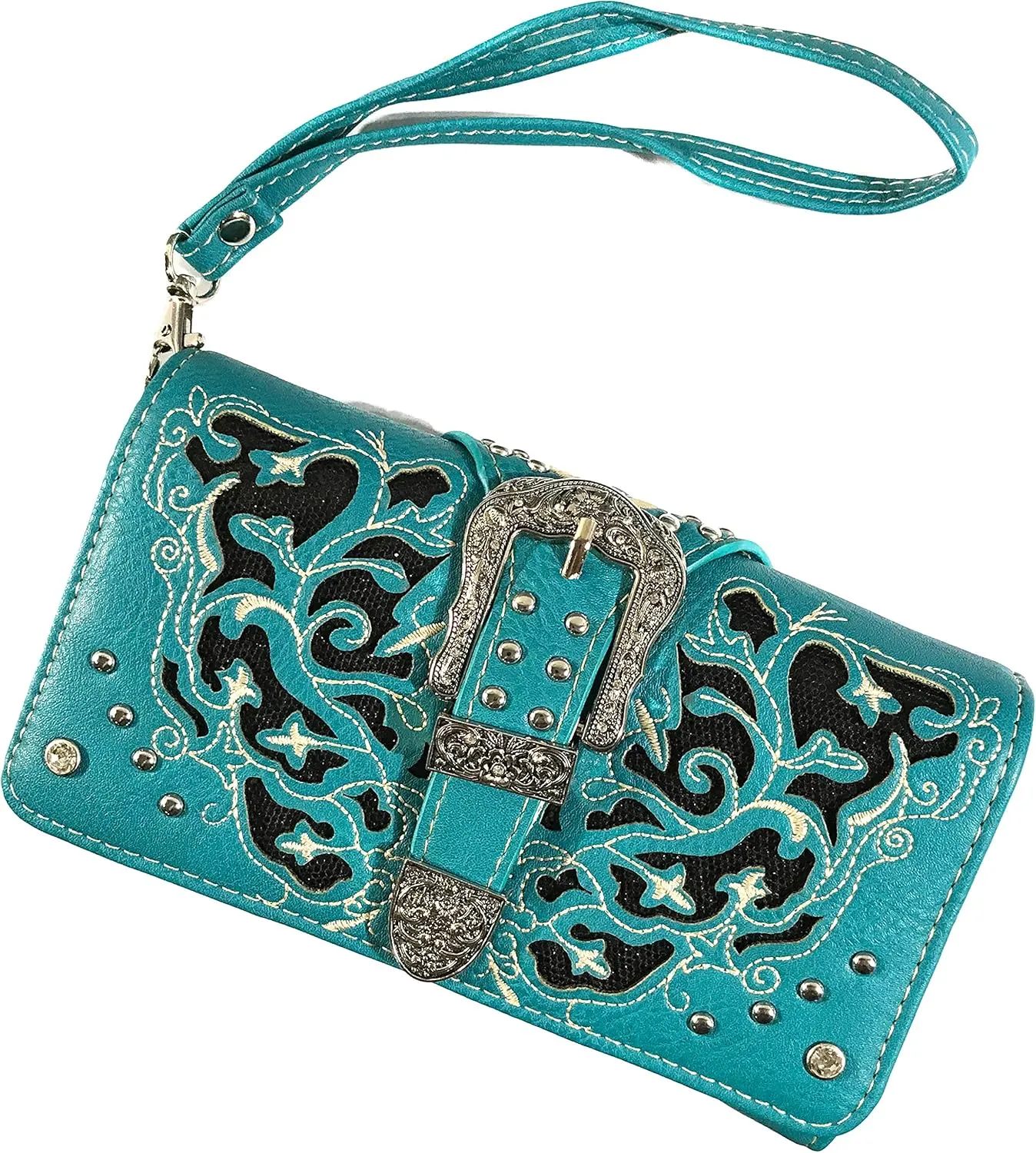 Zelris Western Gleaming Buckle Floral Cowgirl Women Crossbody Wrist Trifold Wallet (Turquoise)