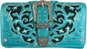 Zelris Western Gleaming Buckle Floral Cowgirl Women Crossbody Wrist Trifold Wallet (Turquoise)