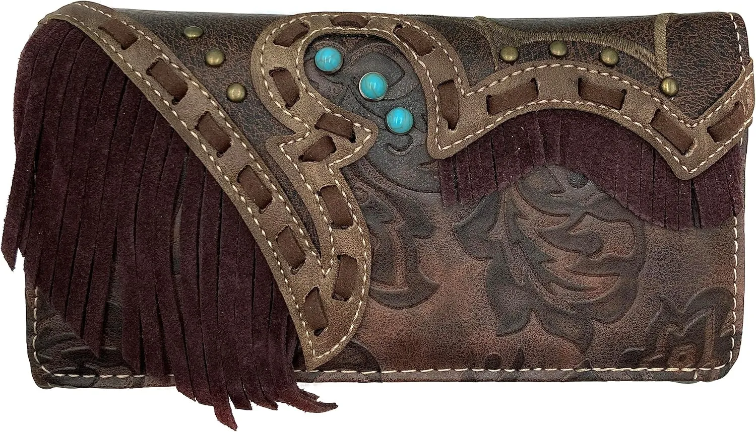 Zelris Women Crossbody Wallet Turquoise Concho Suede Fringe Two Tone Cowgirl Trifold Open