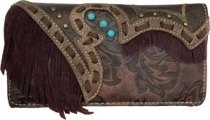Zelris Women Crossbody Wallet Turquoise Concho Suede Fringe Two Tone Cowgirl Trifold Open