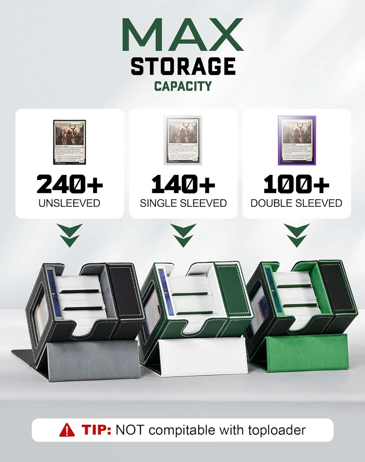 ZLCA Card Deck Box with 2 Dividers, Deck Storage Case Fits 100  Single Sleeved, PU Leather TCG Card Case Holder for Magic Commander Yugioh (Green& White)
