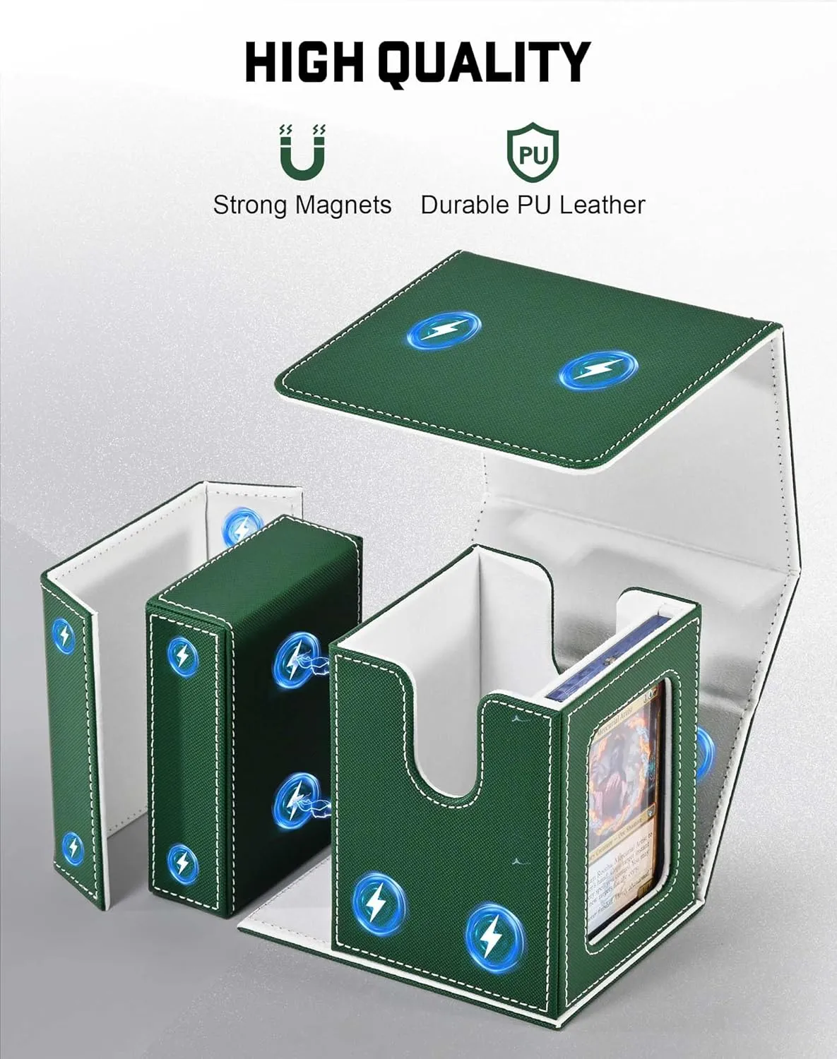 ZLCA Card Deck Box with 2 Dividers, Deck Storage Case Fits 100  Single Sleeved, PU Leather TCG Card Case Holder for Magic Commander Yugioh (Green& White)