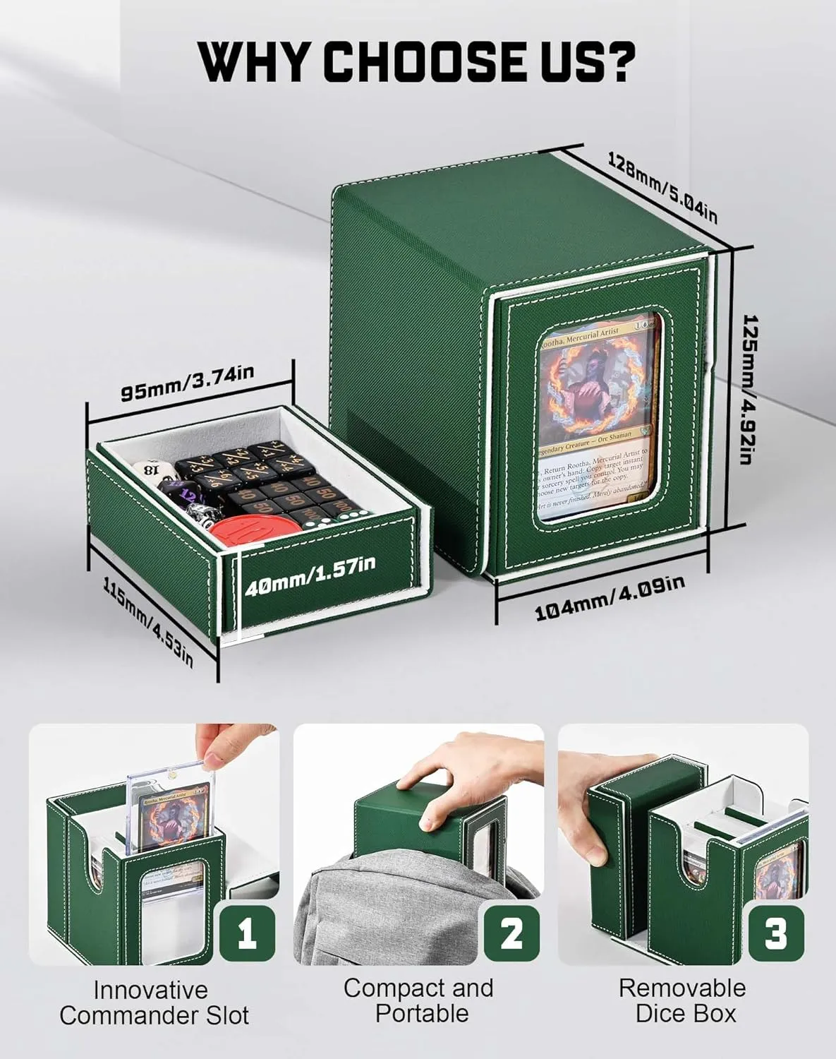 ZLCA Card Deck Box with 2 Dividers, Deck Storage Case Fits 100  Single Sleeved, PU Leather TCG Card Case Holder for Magic Commander Yugioh (Green& White)