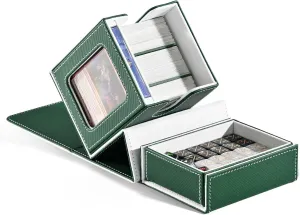 ZLCA Card Deck Box with 2 Dividers, Deck Storage Case Fits 100  Single Sleeved, PU Leather TCG Card Case Holder for Magic Commander Yugioh (Green& White)