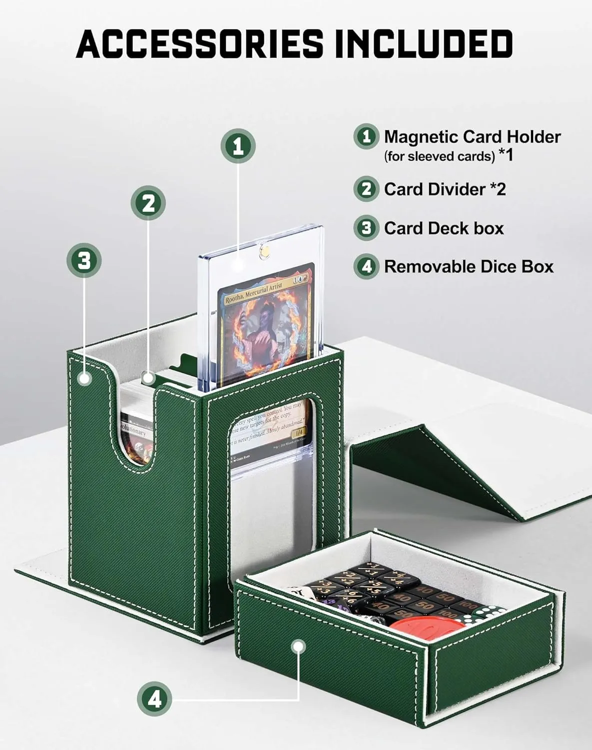 ZLCA Card Deck Box with 2 Dividers, Deck Storage Case Fits 100  Single Sleeved, PU Leather TCG Card Case Holder for Magic Commander Yugioh (Green& White)