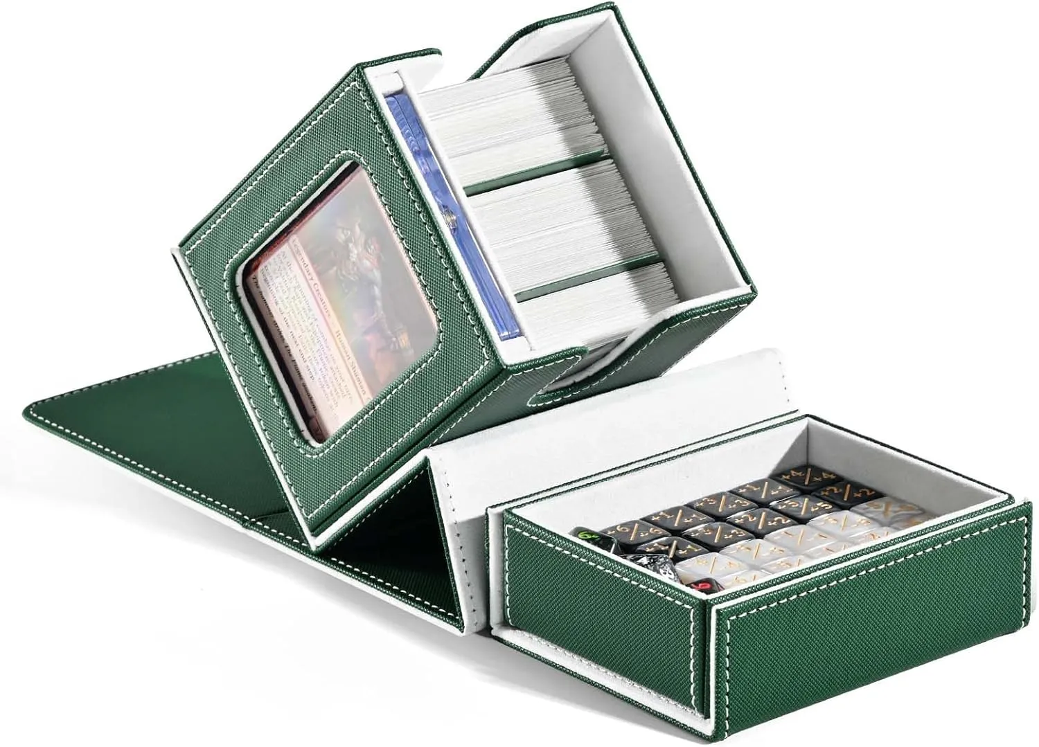 ZLCA Card Deck Box with 2 Dividers, Deck Storage Case Fits 100  Single Sleeved, PU Leather TCG Card Case Holder for Magic Commander Yugioh (Green& White)
